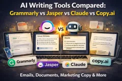 Side-by-side comparison of Grammarly, Jasper, and Claude writing tools