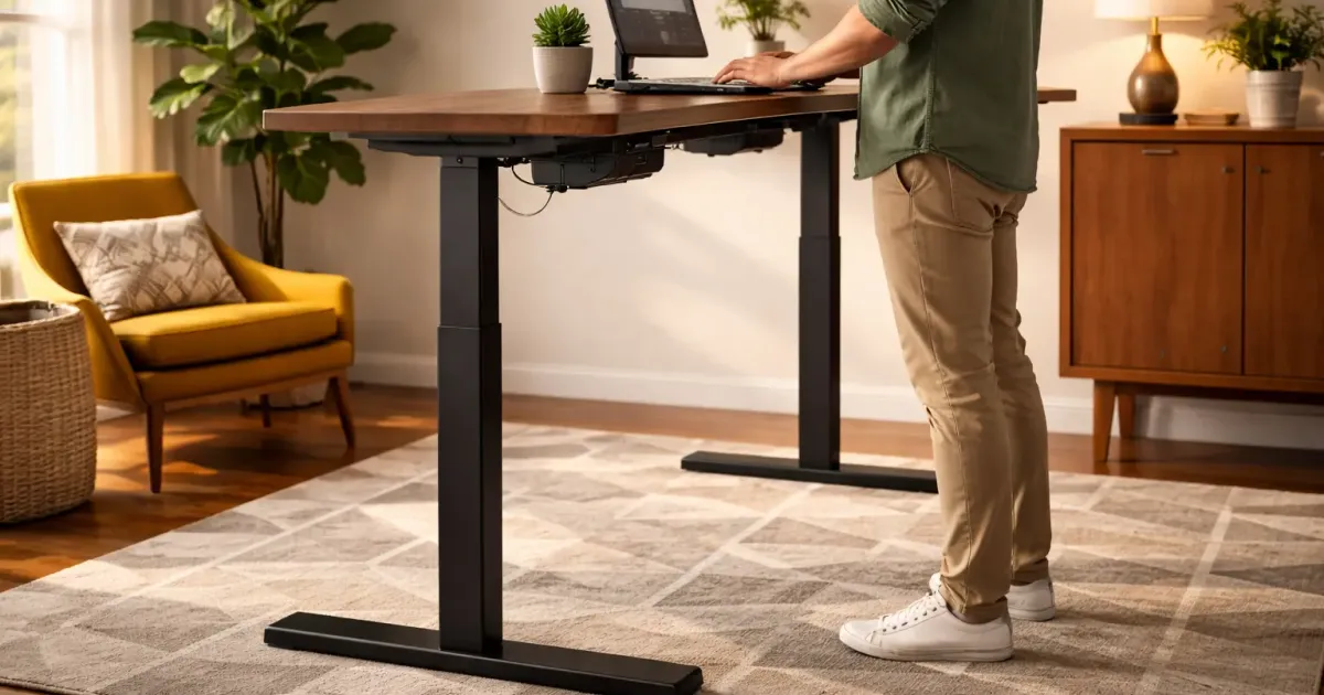 Collection of standing desks at different heights in a home office