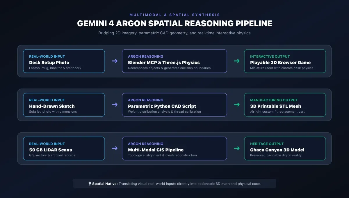 Gemini 4 Argon spatial and 3D reasoning pipeline diagram showing real-world input translation into playable 3D games and STL meshes