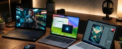 Three different laptops on a desk representing various workflows