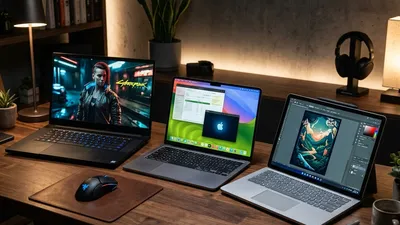 Three different laptops on a desk representing various workflows