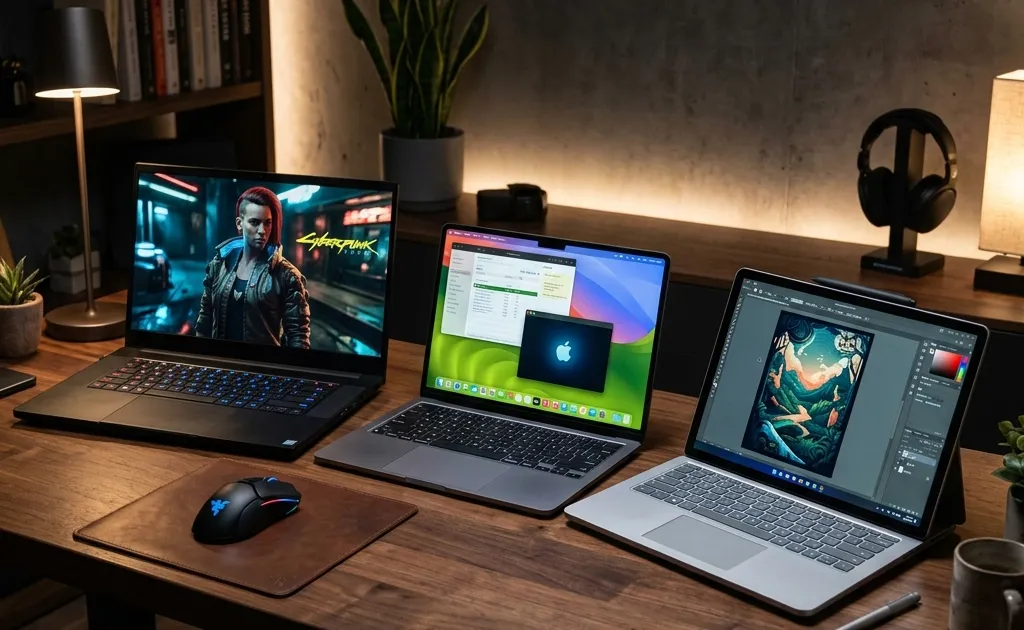Three different laptops on a desk representing various workflows