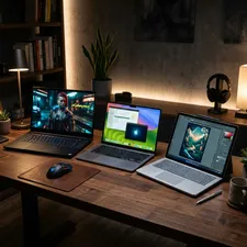 Three different laptops on a desk representing various workflows