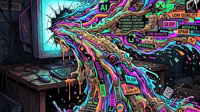 A conceptual illustration of AI slop showing messy generic digital content pouring out of a computer screen