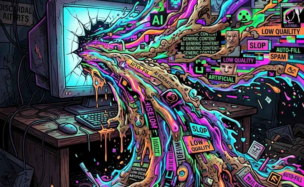 A conceptual illustration of AI slop showing messy generic digital content pouring out of a computer screen