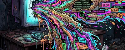 A conceptual illustration of AI slop showing messy generic digital content pouring out of a computer screen