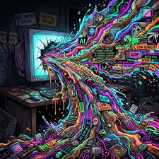 A conceptual illustration of AI slop showing messy generic digital content pouring out of a computer screen