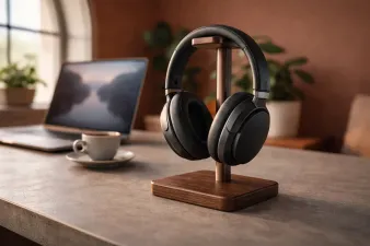 Collection of noise-canceling headphones for office use on a desk