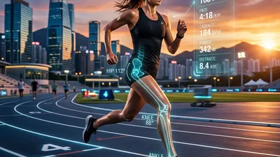 Futuristic runner with holographic performance data overlays