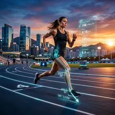 Futuristic runner with holographic performance data overlays
