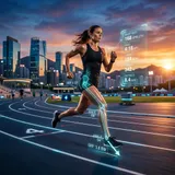 Futuristic runner with holographic performance data overlays