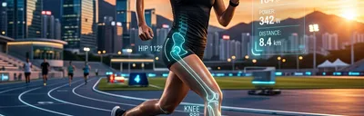 Futuristic runner with holographic performance data overlays