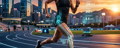 Futuristic runner with holographic performance data overlays