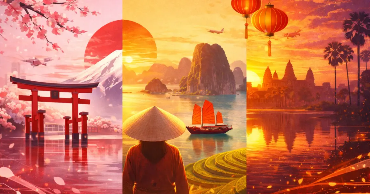 Side-by-side comparison of Japan, Vietnam, and Cambodia travel destinations