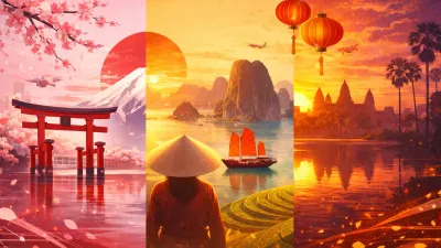 Side-by-side comparison of Japan, Vietnam, and Cambodia travel destinations