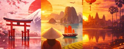 Side-by-side comparison of Japan, Vietnam, and Cambodia travel destinations