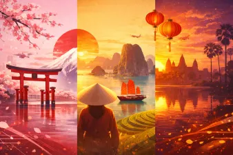 Side-by-side comparison of Japan, Vietnam, and Cambodia travel destinations