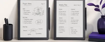 A Kindle Scribe and a reMarkable tablet side by side, each with a stylus