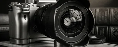 A side-by-side comparison of a small entry-level camera with a large high-quality lens vs. a professional camera with a cheap kit lens