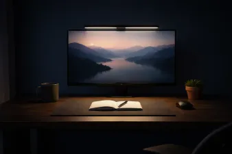 Collection of monitor light bars mounted on screens in a home office