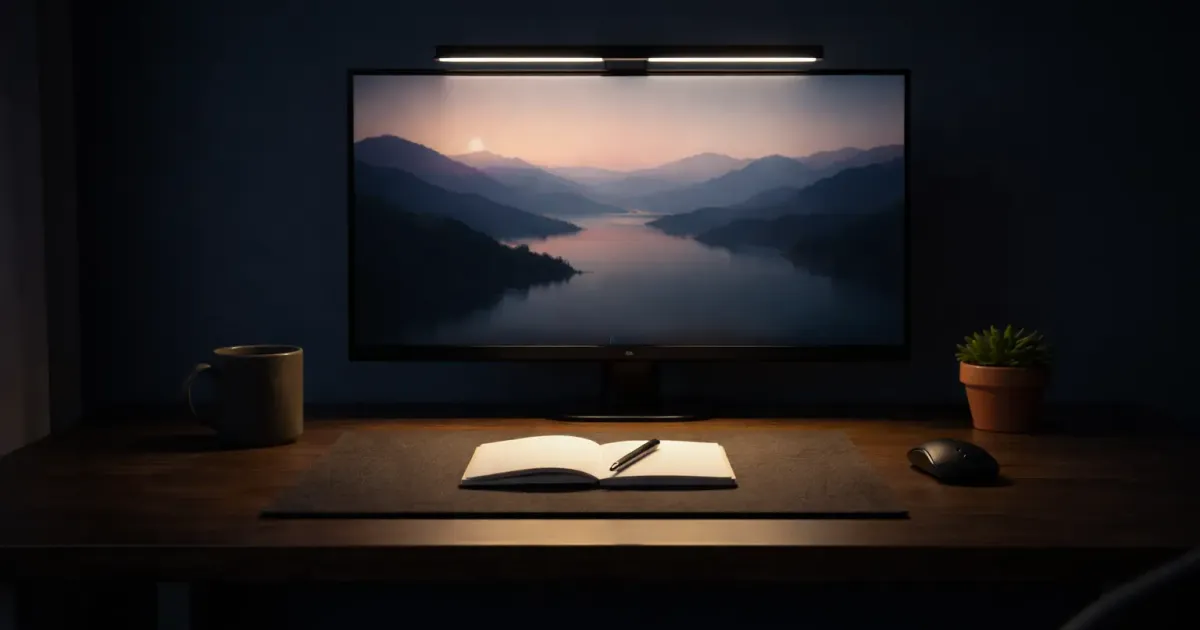 Collection of monitor light bars mounted on screens in a home office
