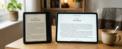 Side-by-side comparison of a matte E-Ink reader and a glossy OLED tablet displaying book pages on a wooden desk
