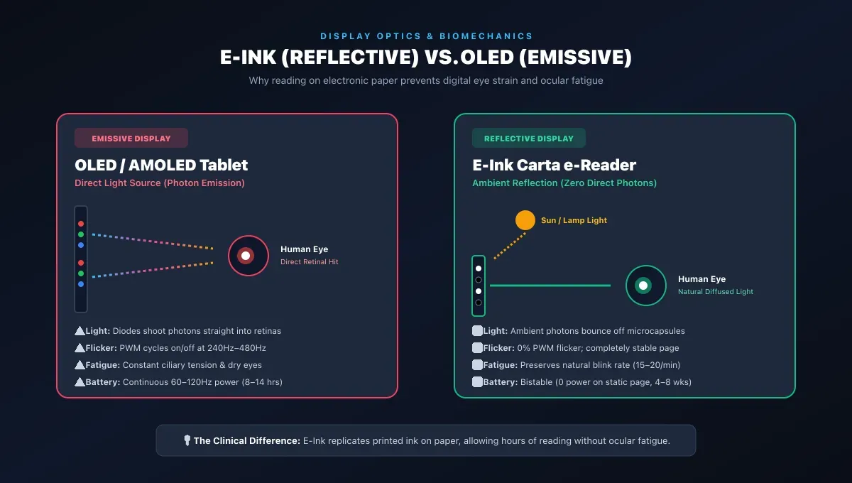 Optical comparison diagram between emissive OLED screens and reflective E-Ink electronic paper
