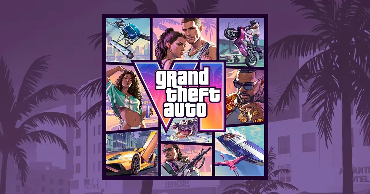 A vibrant, neon-drenched view of Vice City at sunset