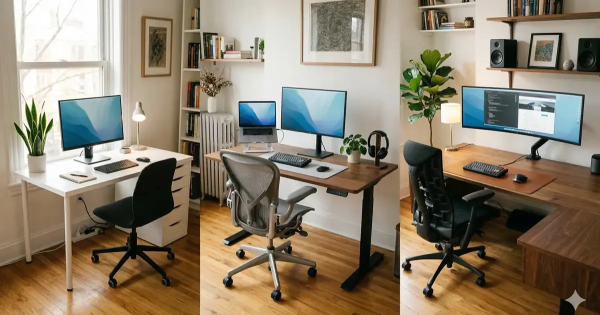 Three home office setups at different budget levels side by side