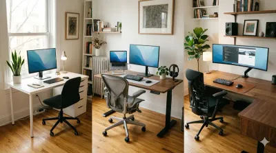 Three home office setups at different budget levels side by side