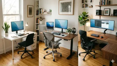 Three home office setups at different budget levels side by side