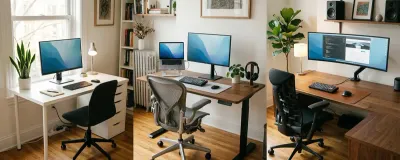 Three home office setups at different budget levels side by side