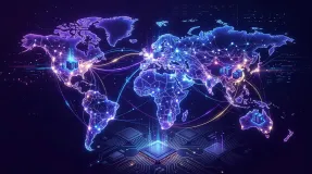 Global map network visualizing worldwide artificial intelligence research nodes, compute hubs, and semiconductor manufacturing centers