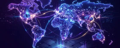 Global map network visualizing worldwide artificial intelligence research nodes, compute hubs, and semiconductor manufacturing centers