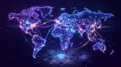 Global map network visualizing worldwide artificial intelligence research nodes, compute hubs, and semiconductor manufacturing centers