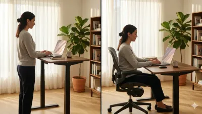 Side-by-side comparison of standing desk and sitting desk workstations