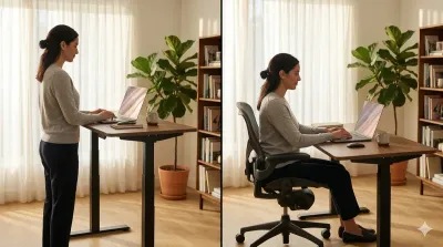 Side-by-side comparison of standing desk and sitting desk workstations