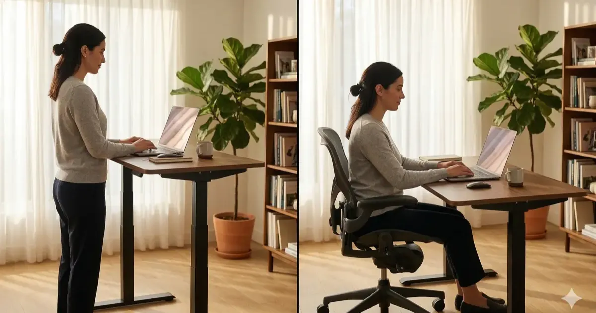 Side-by-side comparison of standing desk and sitting desk workstations