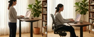 Side-by-side comparison of standing desk and sitting desk workstations