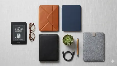 Selection of Kindle cases in different styles: origami stand, slim cover, leather wallet, and sleeve
