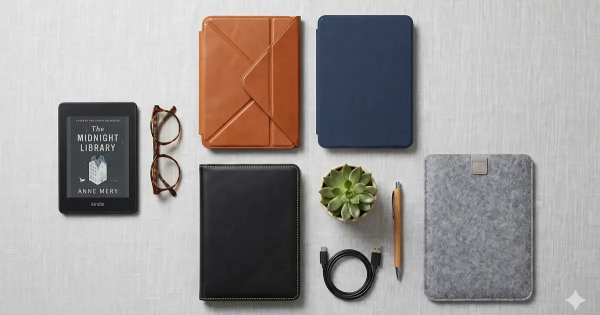 Selection of Kindle cases in different styles: origami stand, slim cover, leather wallet, and sleeve