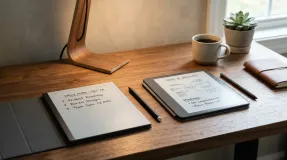 Boox and Supernote e-ink digital paper tablets on a wooden desk with handwritten notes and styluses