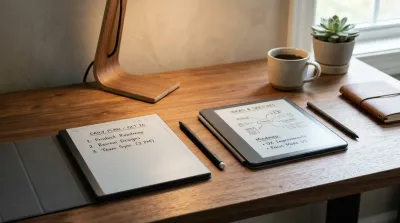 Boox and Supernote e-ink digital paper tablets on a wooden desk with handwritten notes and styluses