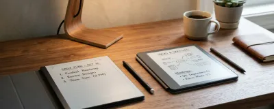 Boox and Supernote e-ink digital paper tablets on a wooden desk with handwritten notes and styluses