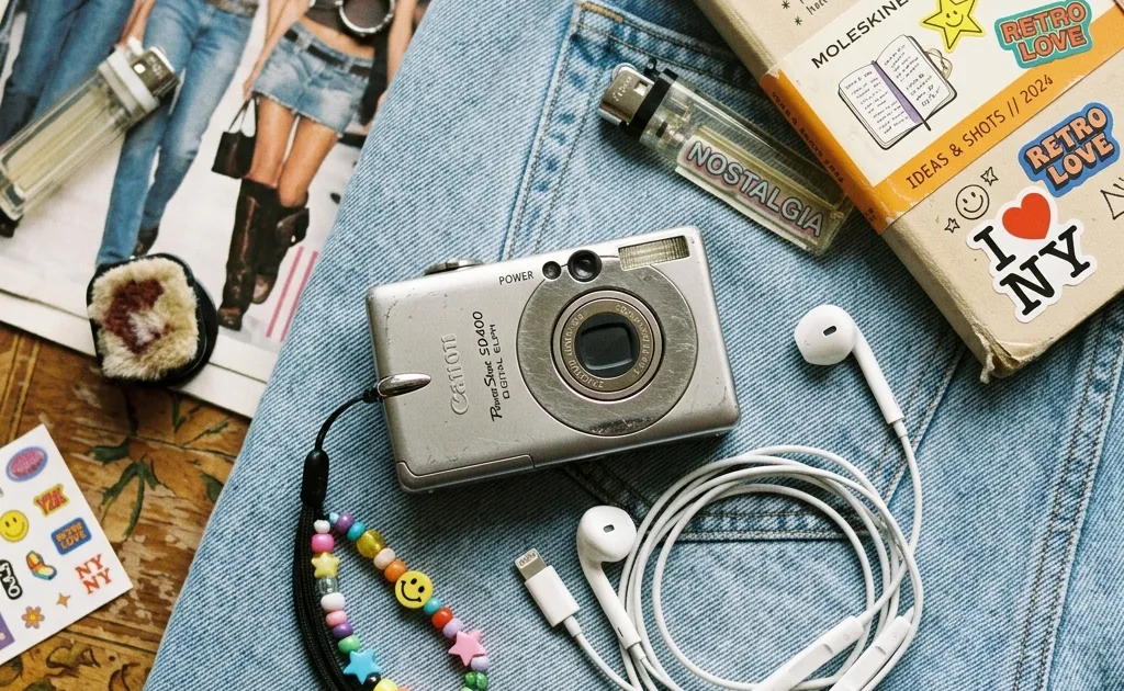 A vintage 2000s compact digital camera and wired Apple EarPods on a denim background, representing the Gen Z retro tech trend