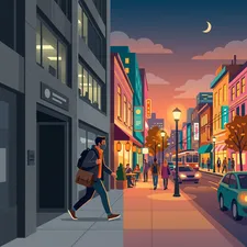 A person stepping out of a monochromatic office into a vibrant evening street