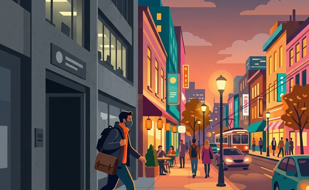 A person stepping out of a monochromatic office into a vibrant evening street