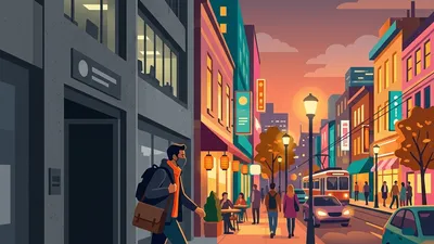 A person stepping out of a monochromatic office into a vibrant evening street