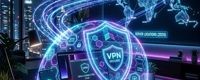 Conceptual visualization of a VPN protecting a laptop and smartphone.