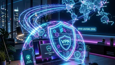 Conceptual visualization of a VPN protecting a laptop and smartphone.